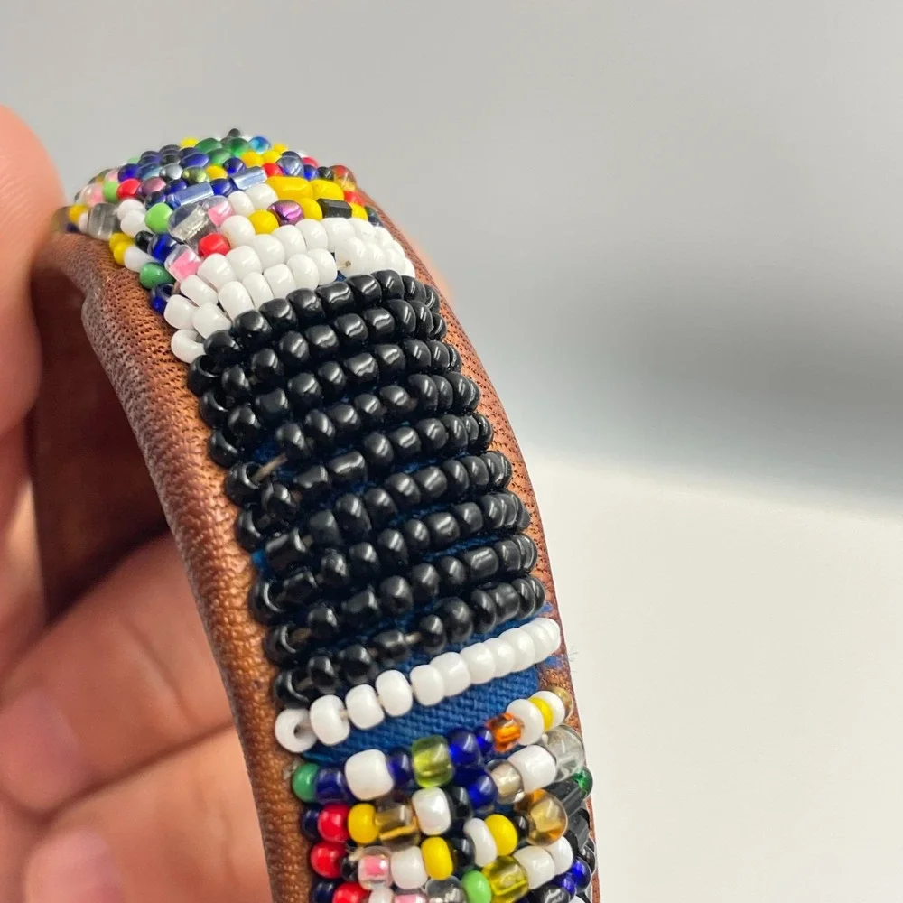 Vintage 90s Glass Bead Leather Bangle Bracelet Boho Tribal Fashion Jewelry Retro